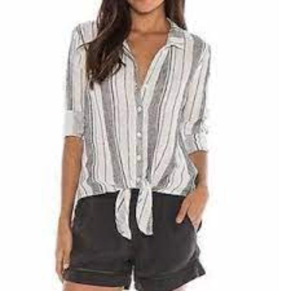 Cloth & Stone by Anthropologie Black/White Button Down Collar Tie Front Top Smal